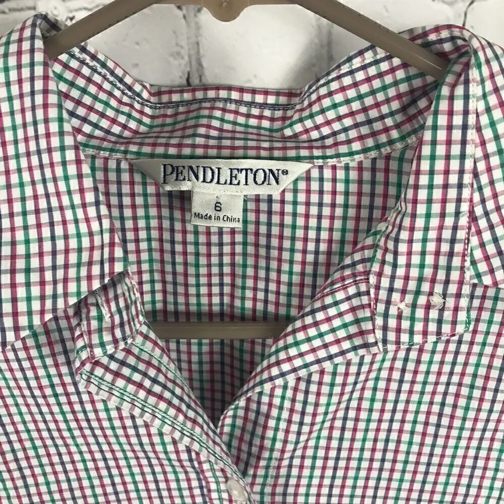 Pendleton Button Down Long Sleeve cotton Shirt Green blue pink white cuffs Sz 6